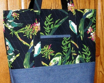 Bird Shoulder Tote Bag  Tropical Bird Canvas Print / Repurposed Denim  Bag