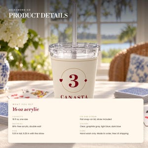 May include: A 16 oz clear acrylic tumbler with a double-wall design, featuring a flat snap-on lid and a straw. The cup displays the number 3 in red, flanked by a heart and diamond symbol, with the text CANASTA below. It stands 5.91 inches tall.