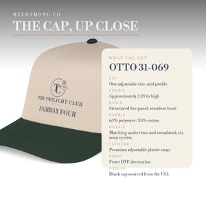 May include: A beige cap with a dark green brim featuring the text THE TWILIGHT CLUB FAIRWAY FOUR and a circular logo. An adjacent information panel lists specifications including OTTO 31-069, one adjustable size, 3.39 inch crown, and 65% polyester/35% cotton.