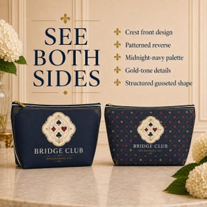 May include: Two structured gusseted pouches in a midnight-navy palette with gold-tone details. The left pouch features a crest front design with the text BRIDGE CLUB HELDAMONG CO. The right pouch displays a patterned reverse with card suit symbols.