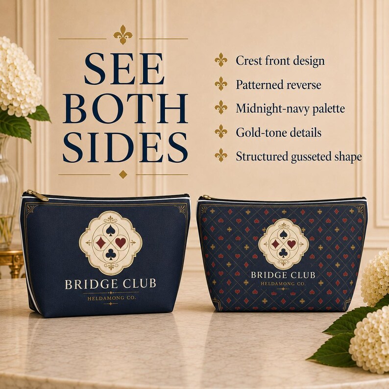 May include: Two structured gusseted pouches in a midnight-navy palette with gold-tone details. The left pouch features a crest front design with the text BRIDGE CLUB HELDAMONG CO. The right pouch displays a patterned reverse with card suit symbols.