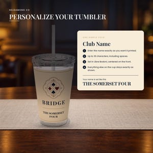May include: A clear plastic tumbler with a straw featuring a cream-colored label with a bridge card suit emblem, the word BRIDGE, and the text THE SOMERSET FOUR. An adjacent information box provides instructions for personalizing the club name.