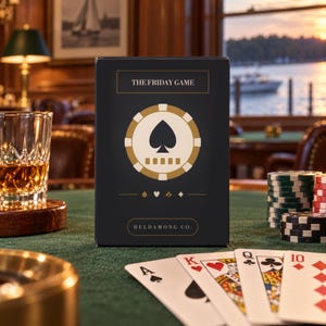 May include: A black rectangular box for The Friday Game featuring a gold poker chip graphic with a spade symbol in the centre. The box displays the text The Friday Game and Heldamong Co. with small suit icons of a spade, heart, club, and diamond.