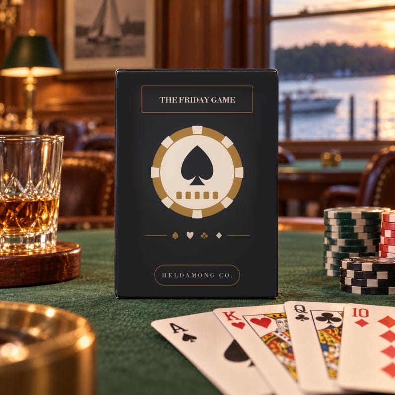 May include: A black rectangular box for The Friday Game featuring a gold poker chip graphic with a spade symbol in the centre. The box displays the text The Friday Game and Heldamong Co. with small suit icons of a spade, heart, club, and diamond.