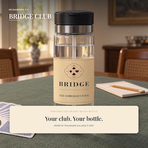May include: A clear water bottle with a black lid and a beige label featuring the text BRIDGE and THE SOMERSET FOUR, along with a card suit emblem. The bottle includes a straw and is positioned upright, displaying a clean, functional design.