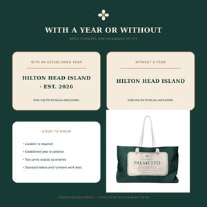 Pode incluir: Uma bolsa tote verde-escura com al&ccedil;as de corda branca e uma etiqueta retangular central com o texto PALMETTO MAHJONG CLUB. A imagem inclui texto instrutivo sobre as op&ccedil;&otilde;es de personaliza&ccedil;&atilde;o para formatos de localiza&ccedil;&atilde;o e ano.