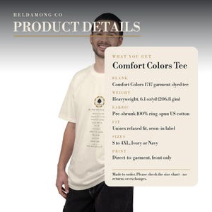 May include: An ivory short-sleeve t-shirt featuring a small black spade graphic on the chest with a list of poker hands below it. The text on the shirt includes 'HAND RANKINGS' and a list of poker terms. A product detail card lists specifications.