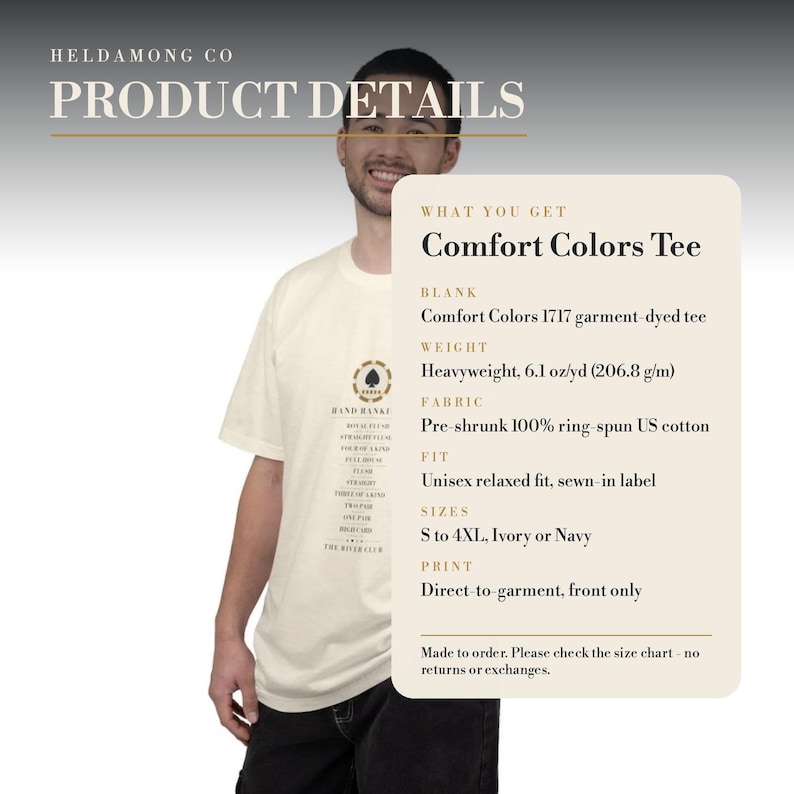 May include: An ivory short-sleeve t-shirt featuring a small black spade graphic on the chest with a list of poker hands below it. The text on the shirt includes 'HAND RANKINGS' and a list of poker terms. A product detail card lists specifications.