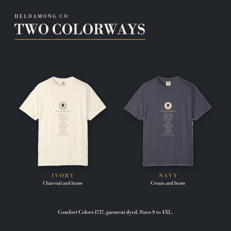 May include: Two short-sleeve t-shirts, one ivory and one navy, each featuring a central graphic with the text HELDAMONG CO, TWO COLORWAYS, and HAND RANKINGS. The ivory shirt has charcoal and brass text, while the navy shirt has cream and brass text.