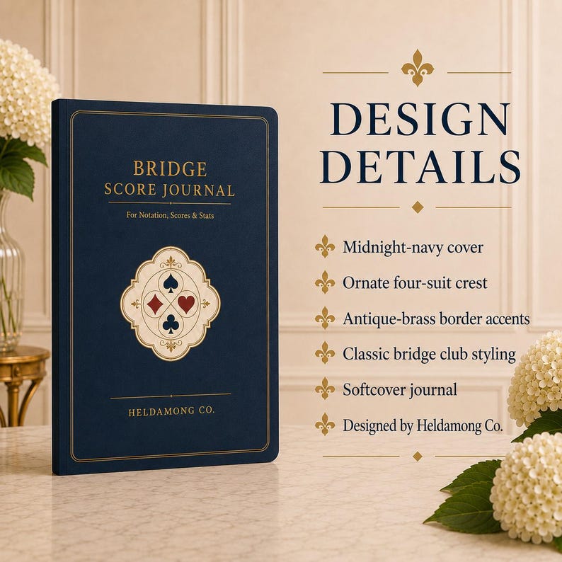 May include: A midnight-navy softcover bridge score journal with gold border accents. The cover features the text BRIDGE SCORE JOURNAL, For Notation, Scores & Stats, and HELDAMONG CO., with an ornate four-suit crest in the centre.