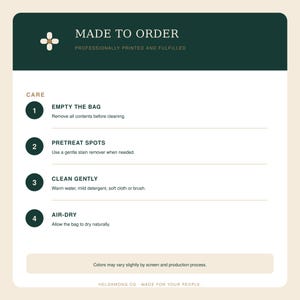 May include: A rectangular informational graphic with a dark green header reading MADE TO ORDER and PROFESSIONALLY PRINTED AND FULFILLED. Below, a CARE section lists four numbered steps for cleaning a bag: empty, pretreat, clean gently, and air-dry.