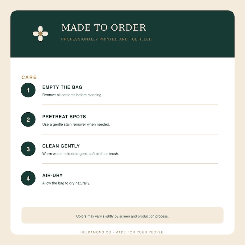May include: A rectangular informational graphic with a dark green header reading MADE TO ORDER and PROFESSIONALLY PRINTED AND FULFILLED. Below, a CARE section lists four numbered steps for cleaning a bag: empty, pretreat, clean gently, and air-dry.