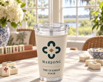 Vaso personalizado para club de Mahjong, vaso acrílico de 473 ml con nombre personalizado y pajita, regalos para aficionados al Mahjong.