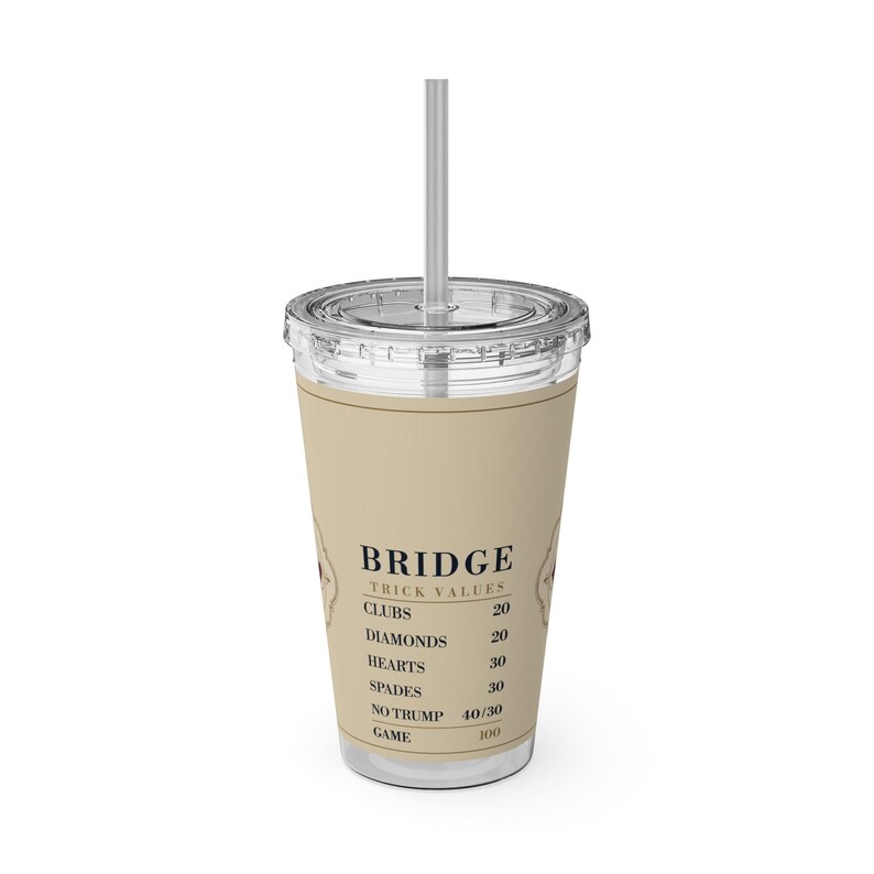 Bridge Trick Values Tumbler, 16 oz Acrylic Cup with Straw, Card Game Gift 画像 2