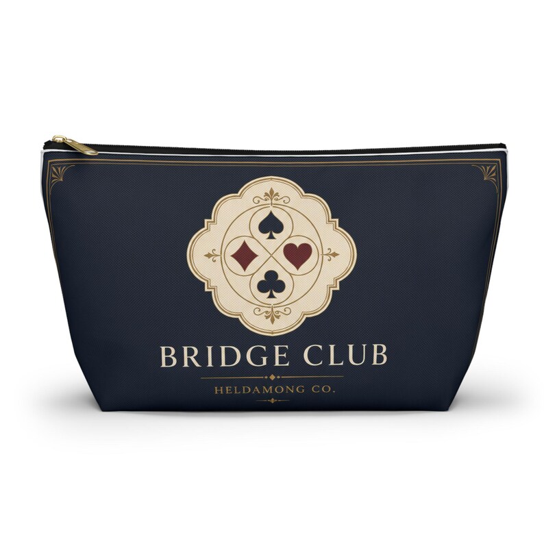 Navy Bridge Club Accessory Pouch, Antique Brass Detail, Card Game Organizer (Large T-Bottom) image 2