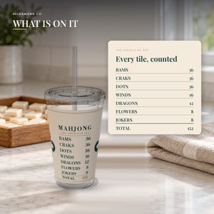 Puede incluir: Un vaso de pl&aacute;stico transparente con pajita que muestra una lista impresa de fichas del Mahjong American Set: Bams 36, Craks 36, Dots 36, Winds 16, Dragons 12, Flowers 8, Jokers 8, con un total de 152. Texto en verde oscuro sobre fondo crema.