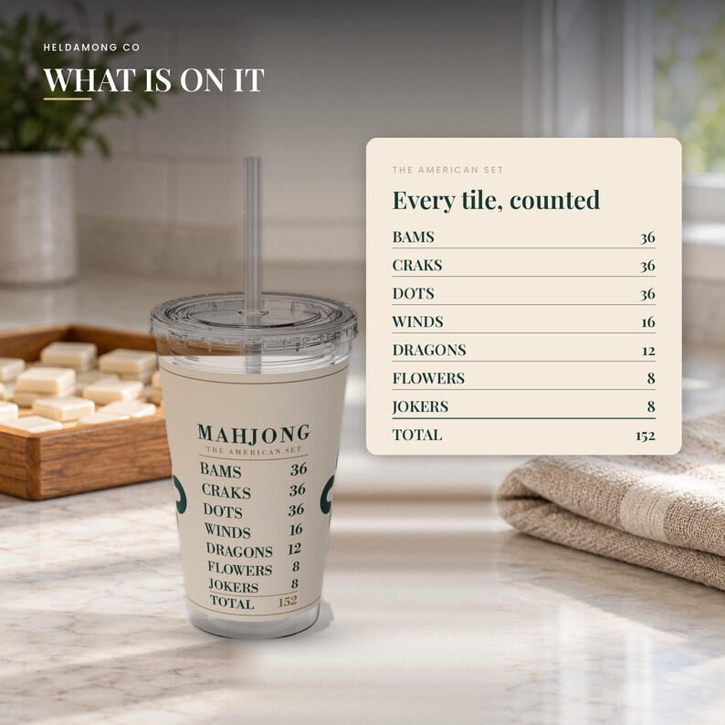 Puede incluir: Un vaso de pl&aacute;stico transparente con pajita que muestra una lista impresa de fichas del Mahjong American Set: Bams 36, Craks 36, Dots 36, Winds 16, Dragons 12, Flowers 8, Jokers 8, con un total de 152. Texto en verde oscuro sobre fondo crema.