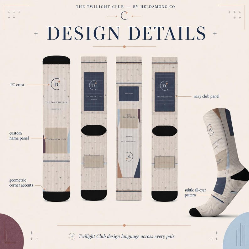 May include: A pair of crew socks featuring a light beige base with a subtle all-over pattern of small crosses. The design includes a navy club panel, a custom name panel, a TC crest, and geometric corner accents in navy, tan, and dark red.