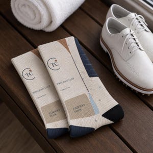 May include: A pair of beige crew socks featuring a ribbed texture, a black and blue geometric pattern, and the text "TWILIGHT CLUB" and "FAIRWAY FOUR" printed in black. The socks display a circular logo with the letters "TC" and small star icons.