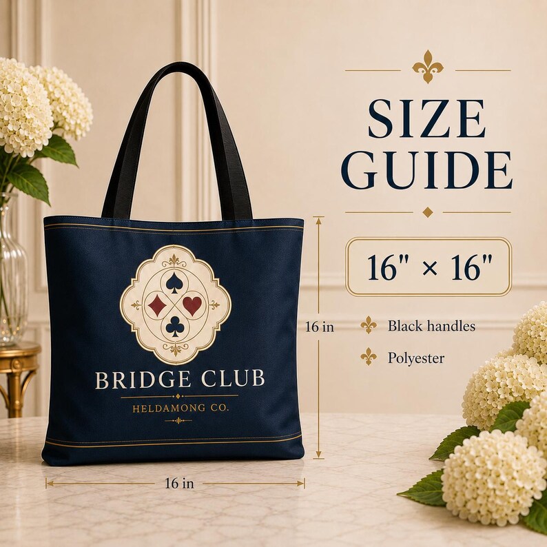 May include: A navy blue tote bag with black handles featuring a cream-colored emblem with four card suit symbols. The text reads BRIDGE CLUB HELDAMONG CO. A size guide indicates the bag measures 16 inches by 16 inches, made of polyester material.