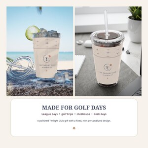 Peut inclure: Un gobelet en plastique transparent avec couvercle et paille, dot&eacute; d'une bande beige &agrave; motif g&eacute;om&eacute;trique et du texte "THE TWILIGHT CLUB" et "HELDAMONS CO." Le gobelet est pr&eacute;sent&eacute; dans deux contextes, avec des gla&ccedil;ons et du citron vert.