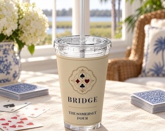 Vaso personalizado para club de bridge, vaso acrílico de 473 ml con nombre personalizado y pajita, regalos para aficionados al bridge.