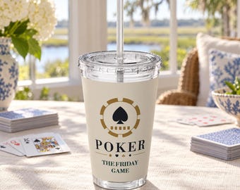 Personalized Poker Tumbler with Straw, Custom Club Name 16 oz Acrylic Cup, Poker Gifts