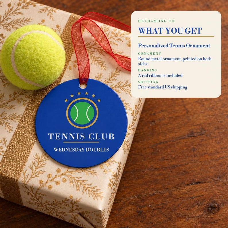 Personalisierter Tennis-Weihnachtsschmuck, individueller Vereinsname, Geschenk für Tennisteams, zweiseitiger Metallschmuck, Geschenk für Tennisspieler Bild 4