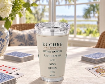 Euchre Trump Ranking Tumbler, 16 oz Acrylic Cup with Straw, Game Night Gift