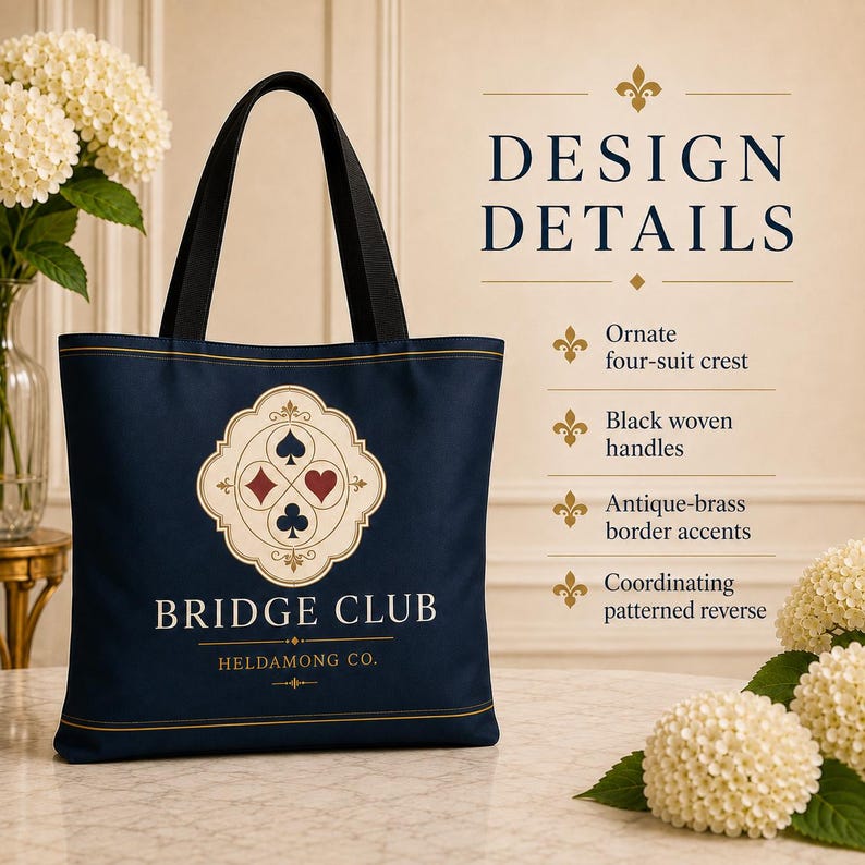 May include: A navy blue tote bag featuring black woven handles and a central cream-colored emblem with four card suit symbols. The text reads BRIDGE CLUB and HELDAMONG CO. The design includes an ornate four-suit crest and antique-brass border accents.