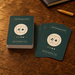 Puede incluir: Una baraja de cartas con fondo verde oscuro y un c&iacute;rculo central de color crema. Las cartas presentan el texto THE THURSDAY FOUR y HELDAMONG CO. junto con un gr&aacute;fico de dos cartas que muestran un s&iacute;mbolo de tr&eacute;bol y una pica.