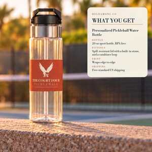 Botella de agua personalizada para pickleball, botella deportiva de 20 oz con pajita y nombre del club personalizado, escudo del club Erne, regalo para jugadores. imagen 5