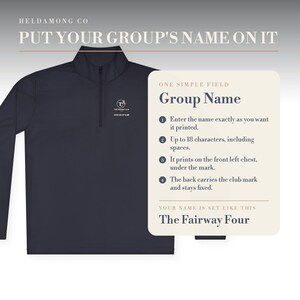 Puede incluir: Un su&eacute;ter azul marino oscuro con cremallera de un cuarto y un peque&ntilde;o logotipo circular en el pecho izquierdo. El texto en la imagen dice: HELDAMONG CO, PUT YOUR GROUP'S NAME ON IT, ONE SIMPLE FIELD, Group Name, 1, 2, 3, 4, YOUR NAME IS SET LIKE THIS, The Fairway Four.