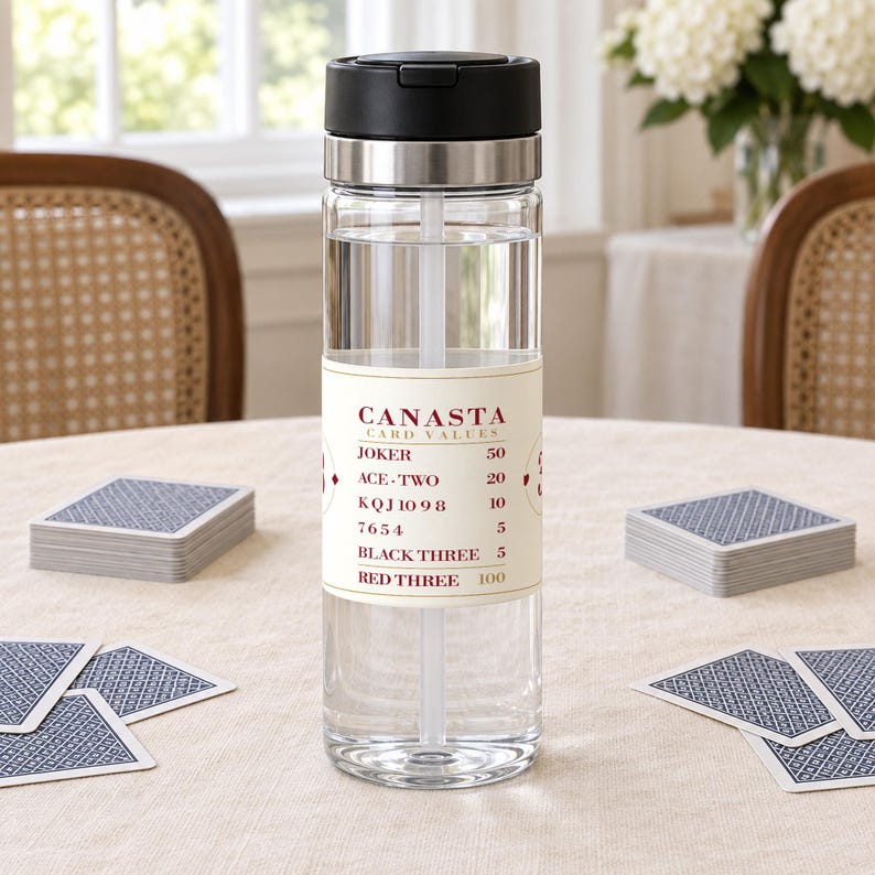 Canasta Card Values ​​Chart vattenflaska, 20 oz tritan med sugrör, spelarpresent bild 1
