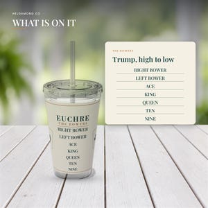 May include: A clear plastic tumbler with a straw featuring a cream-coloured label printed with the text EUCHRE THE BOWERS and a list of cards from Right Bower to Nine. A separate square card displays the text Trump, high to low and the same list.