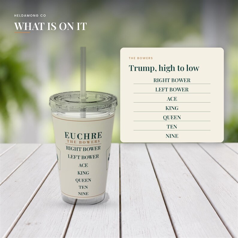 May include: A clear plastic tumbler with a straw featuring a cream-coloured label printed with the text EUCHRE THE BOWERS and a list of cards from Right Bower to Nine. A separate square card displays the text Trump, high to low and the same list.