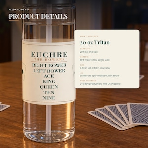 Pu&ograve; includere: Una borraccia trasparente in Tritan da 591 ml con cannuccia e un'etichetta con il testo EUCHRE THE BOWERS, RIGHT BOWER, LEFT BOWER, ACE, KING, QUEEN, TEN, NINE. L'etichetta riporta una capacit&agrave; di 591 ml e un'altezza di 24,2 cm.