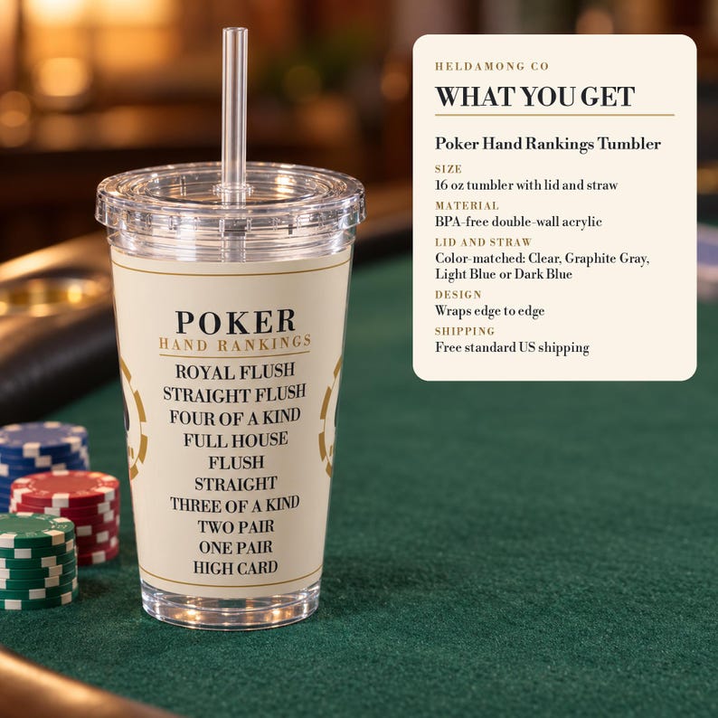 Poker Hand Rankings Tumbler, 16 oz Acrylic Cup with Straw, Poker Night Gift Bild 4