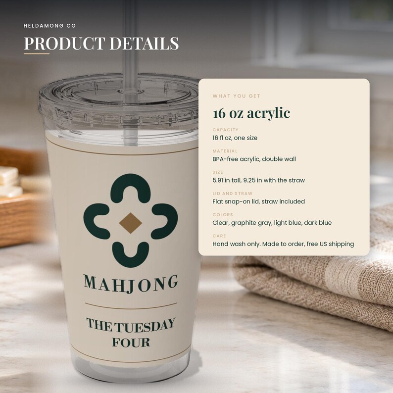 May include: A 16 oz clear acrylic tumbler with a double wall, a flat snap-on lid, and a straw. The cup features a dark green four-part graphic, a gold diamond, and the text "MAHJONG THE TUESDAY FOUR". It measures 5.91 inches tall, 9.25 inches with straw.