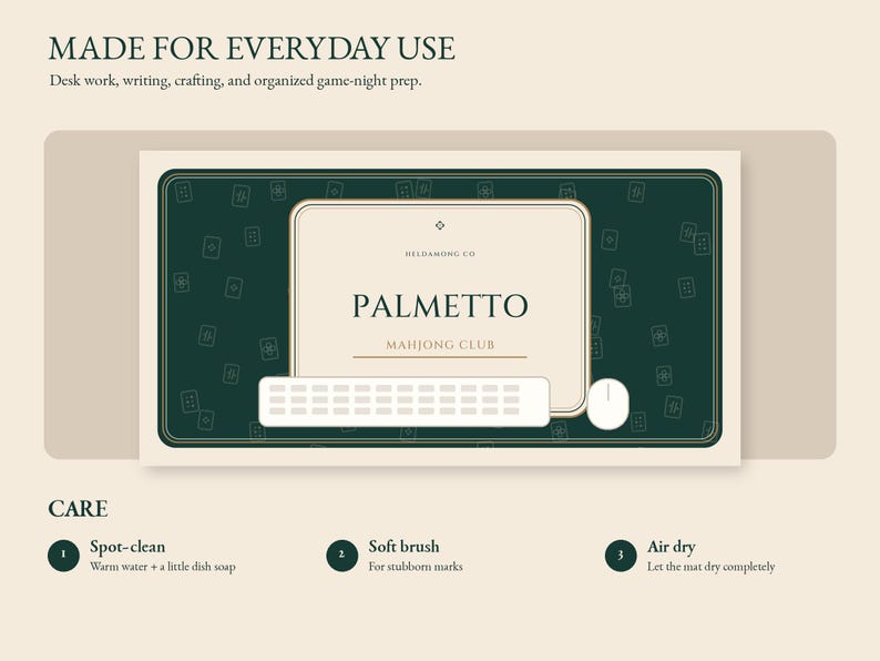 May include: A rectangular dark green desk mat featuring a repeating pattern of small white mahjong tile icons. The centre displays a cream-coloured rectangular area with the text PALMETTO MAHJONG CLUB and HILDAWONG.CH. A white keyboard and mouse sit on the mat.