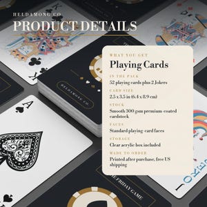 May include: A deck of playing cards by Heldamong Co. with a black and white design. The product details card lists 52 cards plus 2 Jokers, 6.4 x 8.9 cm dimensions, 300 gsm premium-coated cardstock, standard faces, and a clear acrylic storage box.