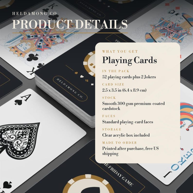 May include: A deck of playing cards by Heldamong Co. with a black and white design. The product details card lists 52 cards plus 2 Jokers, 6.4 x 8.9 cm dimensions, 300 gsm premium-coated cardstock, standard faces, and a clear acrylic storage box.
