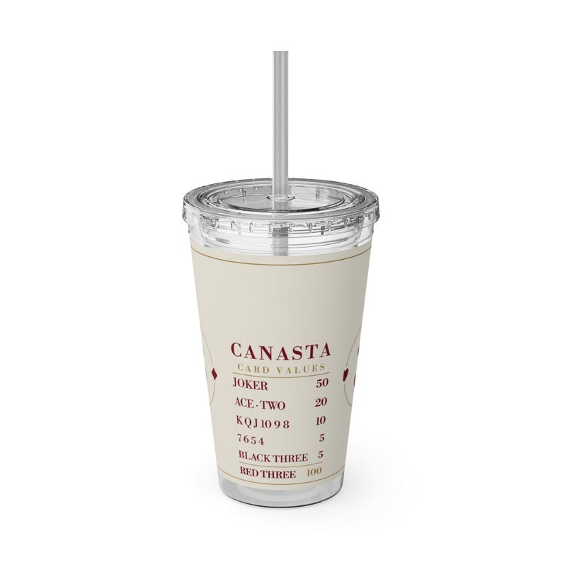 Canasta Card Values Tumbler, 16 oz Acrylic Cup with Straw, Game Night Gift afbeelding 2