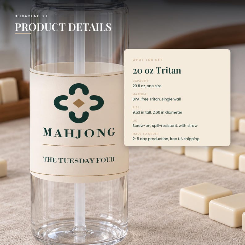Peut inclure: Une bouteille d'eau transparente en Tritan de 591 ml avec une paille, dot&eacute;e d'une &eacute;tiquette cr&egrave;me avec un logo Mahjong vert fonc&eacute;, le texte Mahjong et The Tuesday Four, et une fiche produit indiquant 591 ml et 24,2 cm de hauteur.