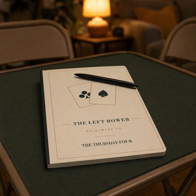 May include: A cream-coloured notebook with a black pen resting on top. The cover features a graphic of a club and spade playing card, with the text THE LEFT BOWER, HELDAMONG CO, and THE THURSDAY FOUR printed in black ink within a thin border.