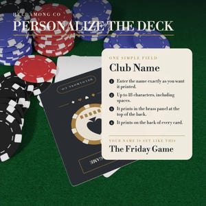 May include: A deck of playing cards and stacks of red, blue, and black poker chips. A white informational card displays the text: PERSONALIZE THE DECK, ONE SIMPLE FIELD, Club Name, Enter the name exactly as you want it printed, Up to 18 characters.