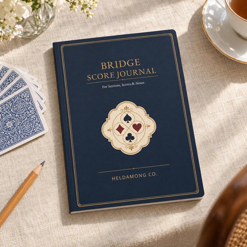 May include: A dark blue Bridge Score Journal with gold lettering and a central emblem featuring the four card suits. The cover displays the text BRIDGE SCORE JOURNAL, For Sessions, Scores & Notes, and HELDAMONG CO. A pencil and cards are nearby.
