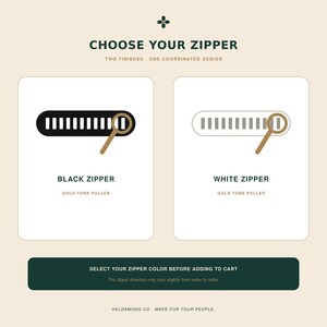 以下が含まれることがあります： CHOOSE YOUR ZIPPERと題されたグラフィック表示。ゴールドトーンの引き手が付いた黒いジッパーと、同じくゴールドトーンの引き手が付いた白いジッパーの2つの選択肢があります。下部には、SELECT YOUR ZIPPER COLOR BEFORE ADDING TO CARTと書かれた濃い緑色のボタンがあります。
