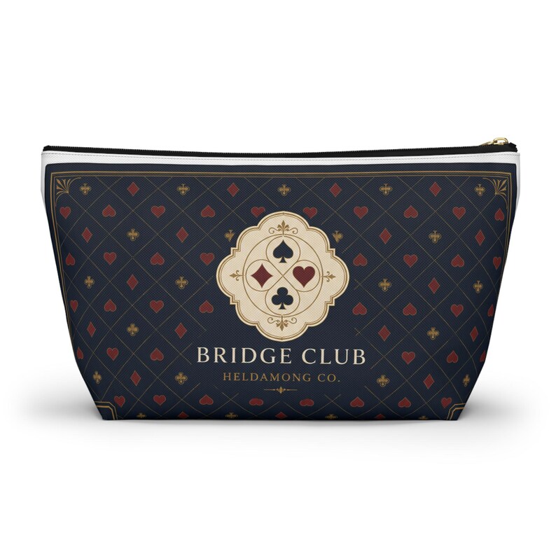 Navy Bridge Club Accessory Pouch, Antique Brass Detail, Card Game Organizer (Large T-Bottom) image 8