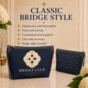May include: Two navy blue zippered pouches with a bridge card suit theme. The larger pouch features a central crest with spade, heart, diamond, and club symbols and the text BRIDGE CLUB HELDAMONG CO. The smaller pouch has a repeating suit pattern.